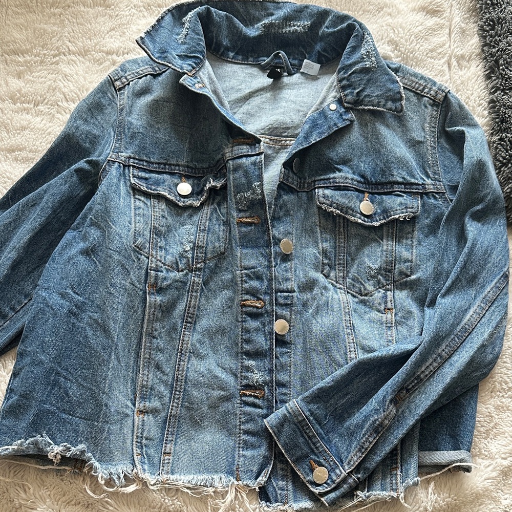 Divided Blue Distressed Denim Jacket with Frayed Hem